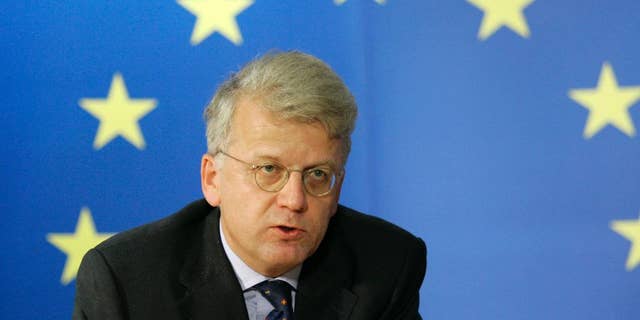 FILE - In this Friday, Oct. 24, 2008 file photo, ambassador Hansjoerg Haber, the then Head of the European Union Monitoring Mission in Georgia, addresses the media at the EU council headquarters in Brussels. The European Union’s top envoy to Turkey has resigned, his office said Tuesday June 14, 2016, less than a year into the job. The EU delegation in Ankara confirmed that Ambassador Hansjoerg Haber was leaving his post, without giving any reason. (AP Photo/Yves Logghe, File)