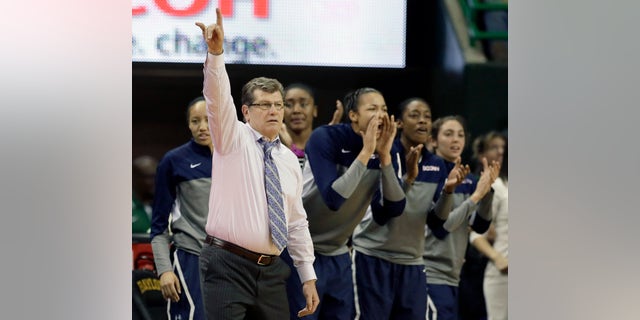Connecticut head coach Geno Auriemma instructs the defense as the bench cheers late in the second half of an NCAA college basketball game against Baylor, Monday, Jan. 13, 2014, in Waco, Texas. Connecticut won 66-55. (AP Photo/Tony Gutierrez)