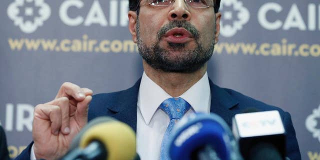 Council on American-Islamic Relations (CAIR) national executive director Nihad Awad speaks during a news conference at the Council on American-Islamic Relations (CAIR), Monday, Jan. 30, 2017, in Washington. 