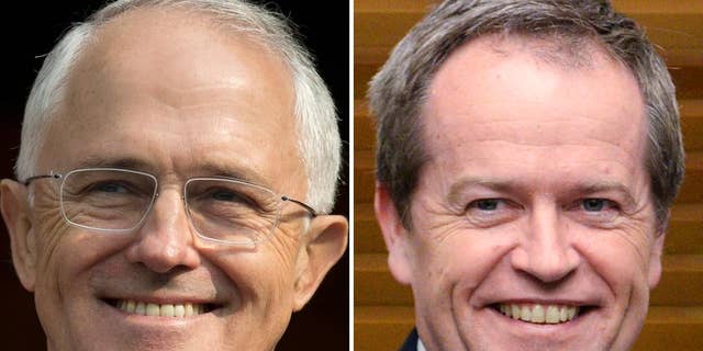 FILE - This combination of file photos from April 15, 2016, and July 8, 2014, shows Australian Prime Minister Malcolm Turnbull, left, and Australian opposition leader Bill Shorten. Australian independent Sen. Nick Xenophon compared his country’s contest to the widely popular 1990s American sitcom 'Seinfeld,' known as a “show about nothing.” In his comparison he says, “This is almost a ‘Seinfeld’ election _ it's an election about not much at all.”  (AP Photo/Files)