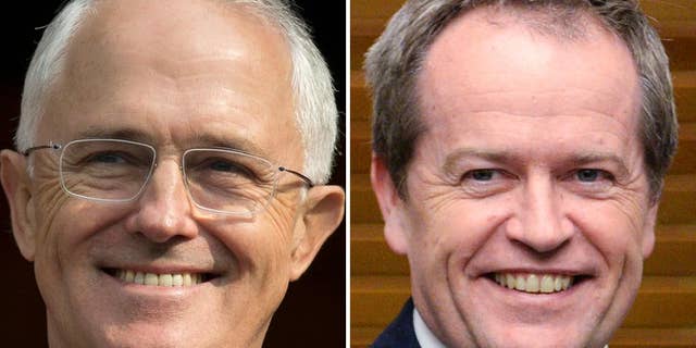 FILE - This combination of file photos from April 15, 2016, and July 8, 2014, shows Australian Prime Minister Malcolm Turnbull, left, and Australian opposition leader Bill Shorten. Australian independent Sen. Nick Xenophon compared his country’s contest to the widely popular 1990s American sitcom 'Seinfeld,' known as a “show about nothing.” In his comparison he says, “This is almost a ‘Seinfeld’ election _ it's an election about not much at all.” (AP Photo/Files)