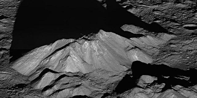 Sunrise shadows on the moon's Tycho crater, as seen by NASA's Lunar Reconnaissance Orbiter on June 10, 2011.