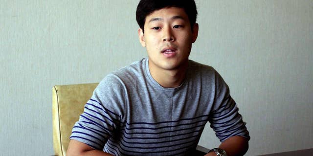FILE - In this Tuesday, July 14, 2015, file photo, Joo Won-moon, a South Korean student at New York University, is interviewed at the Koryo Hotel in Pyongyang, North Korea. Joo, South Korean citizen and resident of the U.S. who has been detained in North Korea for five months, was presented to the media in Pyongyang on Friday, Sept. 25, and said he has not been able to contact his family but wanted them to know he is healthy. (AP Photo/Kim Kwang Hyon, File)
