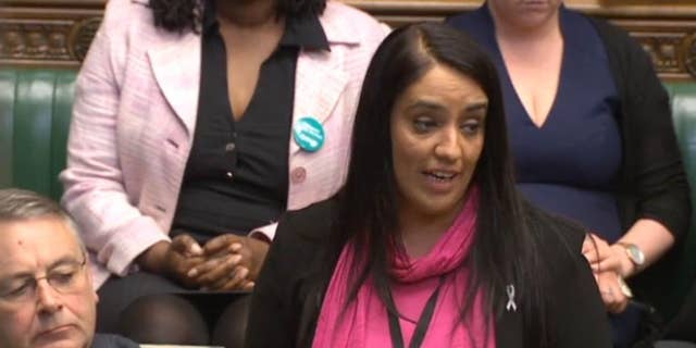 Britain's Labour MP Naz Shah makes a statement in the House of Commons, London, Wednesday April 27, 2016. Britain's main opposition Labour Party has suspended Shah for making anti-Israel posts on social media before she was elected to Parliament. (Parliament TV/  PA via AP) UNITED KINGDOM OUT - NO SALES - NO ARCHIVES