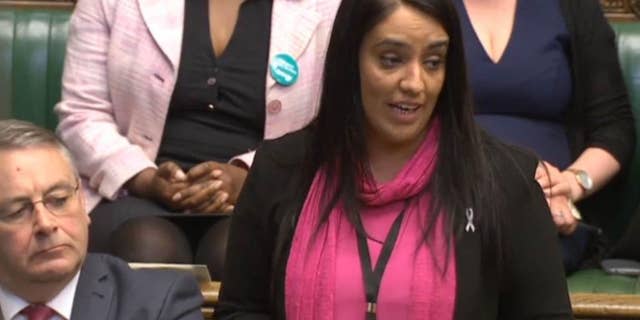 Britain's Labour MP Naz Shah makes a statement in the House of Commons, London, Wednesday April 27, 2016. Britain's main opposition Labour Party has suspended Shah for making anti-Israel posts on social media before she was elected to Parliament. (Parliament TV/ PA via AP) UNITED KINGDOM OUT - NO SALES - NO ARCHIVES