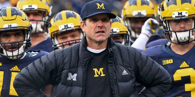 Nov 28, 2015; Ann Arbor, MI, USA; Michigan Wolverines head coach Jim Harbaugh on the sideline during the first half against the Ohio State Buckeyes at Michigan Stadium. Mandatory Credit: Tim Fuller-USA TODAY Sports