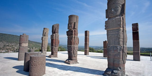 Toltec warriors. Ancient ruins of Tula de Allende, home of the Atlantean figures and the characteristic chacmools. In the state of Hidalgo, Mexico.; Shutterstock ID 110647133; Project/Title: Mexicoâs Most Amazing Ruins slideshow; Downloader: Melanie Marin