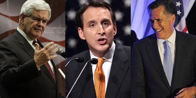 Shown here are former House Speaker Newt Gingrich, left, former Minnesota Gov. Tim Pawlenty, center, and former Massachusetts Gov. Mitt Romney.