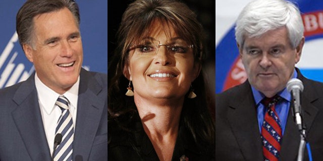 Shown here are former Massachusetts Gov. Mitt Romney, left, former Alaska Gov. Sarah Palin, center, and former House Speaker Newt Gingrich.