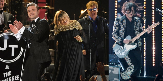 Feb. 10, 2013: Justin Timberlake, Elton John (with Mavis Staples) and Jack White perform at the 55th annual Grammy Awards in Los Angeles.
