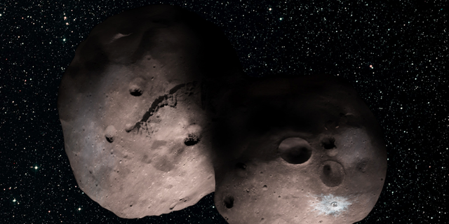 Artist’s illustration of the Kuiper Belt object 2014 MU69, the next flyby target for NASA’s New Horizons mission. This binary concept is based on telescope observations made from Argentina on July 17, 2017 when MU69 passed in front of a star. New Horizons scientists theorize that MU69 could be a single body with a large chunk taken out of it, or two bodies that are close together or even touching.