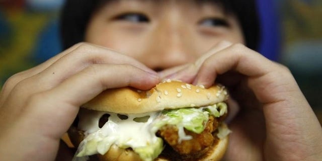 A boy poses with a chicken burger at a fast food outlet in Taipei January 29, 2010. REUTERS/Nicky Loh
