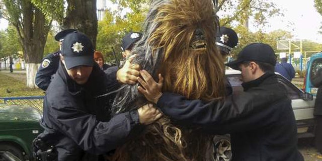 The Wookiee was handcuffed and detained after supporting Darth Vader's bid to be elected as Mayor of Odessa.