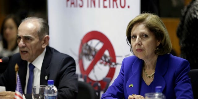 Brazil's Health Minister Castro speaks near U.S. Ambassador to Brazil Ayalde during a meeting to discuss new steps for monitoring the Zika outbreak with U.S. officials in Brasilia