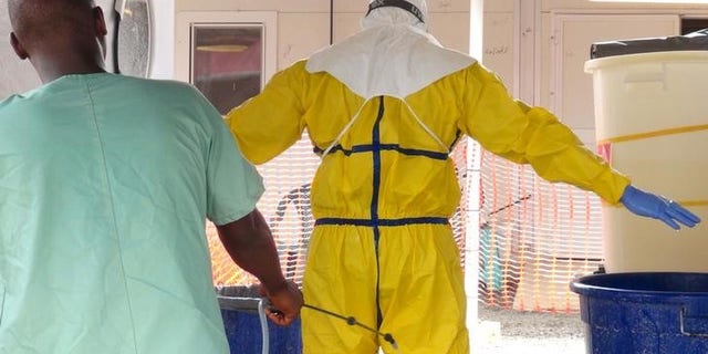 A health worker gets sprayed with disinfectant in an Ebola virus treatment center in Conakry