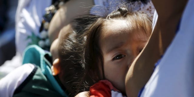 Women breastfeed babies during an event, at Chapultepec Park in Mexico City