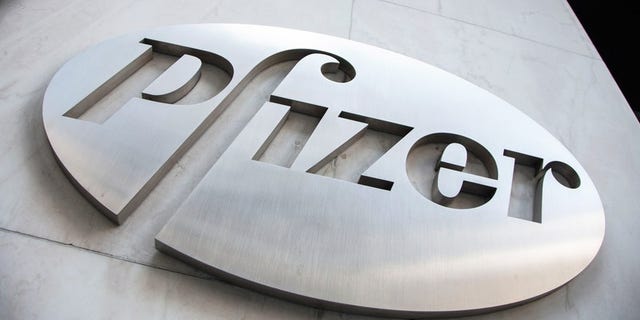 The Pfizer logo is seen at their world headquarters in New York