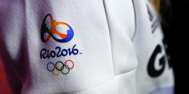 The logo of the Rio 2016 Olympic Summer Games is pictured during Germany's presentation of the official Olympic uniforms in Duesseldorf