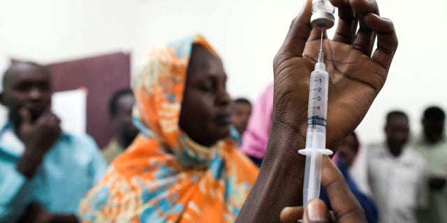 Handout of staff of the Teaching Hospital receiving the first vaccination treatment for yellow fever in El Geneina, West Darfur