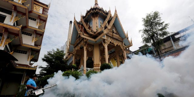 A city worker fumigates area to control the spread of mosquitoes at a temple in Bangkok