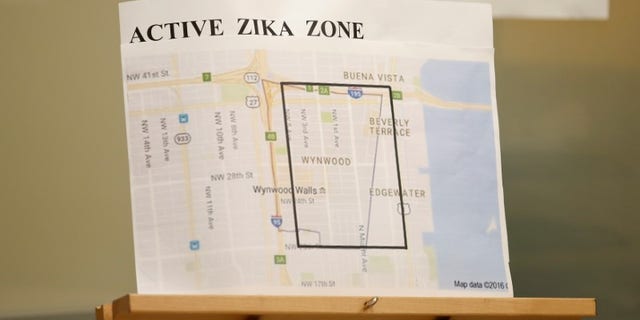 A map showing the active Zika zone is on display at the Borinquen Health Care Center in Miami