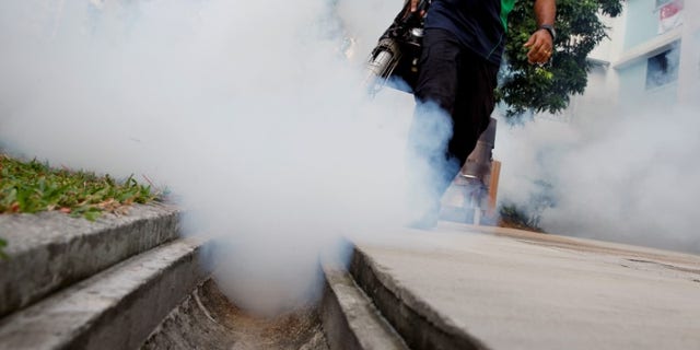File picture of a worker fogging the common area of a public housing estate at a new Zika cluster in Singapore
