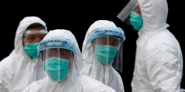Health officers in protective clothing cull poultry at a wholesale market in Hong Kong