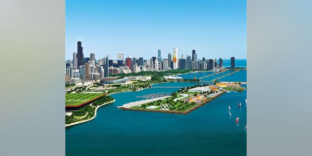 An artist's rendering shows the proposed Olympic Island along the Lake Michigan waterfront.