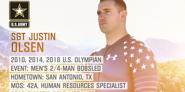 Sgt. Justin Olsen from San Antonio, Texas, will return to the U.S. bobsled team where he was a gold medalist in the 2010 Olympic games in Vancouver.