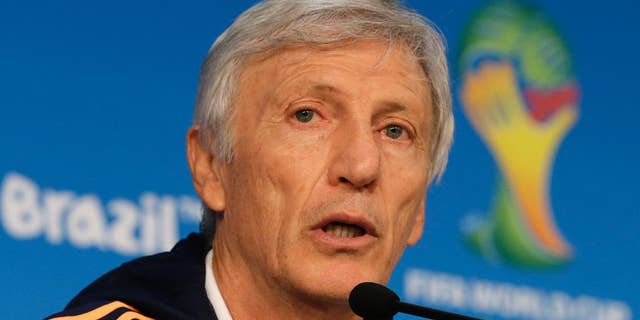 Colombia's head coach Jose Pekerman speaks during a press conference at Arena Pantanal in Cuiaba, Brazil, Monday, June 23, 2014. Colombia play in group C of the 2014 soccer World Cup. (AP Photo/Shuji Kajiyama)