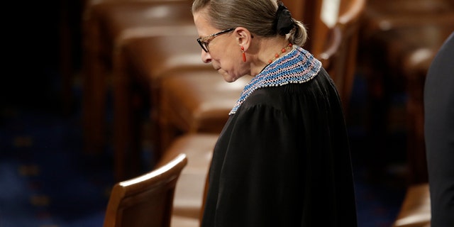 U.S. Supreme Court Associate Justice Ruth Bader Ginsburg arrives to watch U.S. President Barack Obama's State of the Union address to a joint session of the U.S. Congress on Capitol Hill in Washington, January 20, 2015.