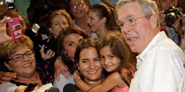 Former Florida Gov. Jeb Bush poses with supporters for photos during a fundraiser, Monday, May 18, 2015, in Sweetwater, Fla. (AP Photo/Alan Diaz)