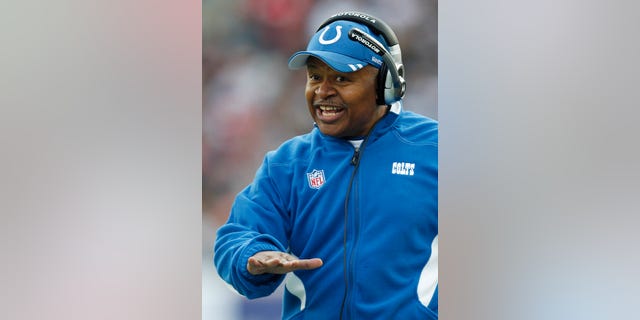 In this Dec. 4, 2011, photo, then-Indianapolis Colts coach Jim Caldwell gestures during the Colts' NFL football game against the New England Patriots in Foxborough, Mass. The Detroit Lions have hired Caldwell as coach. The team confirmed the move Tuesday, Jan. 14, 2014, and has scheduled a news conference at Ford Field on Wednesday. (AP Photo/Charles Krupa)