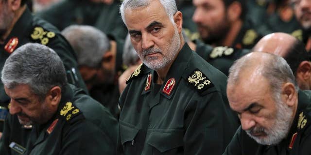 Qassem Soleimani, center, attending a September 2016 meeting with Supreme Leader Ayatollah Ali Khamenei and Revolutionary Guard commanders in Tehran. (Associated Press)