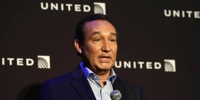 FILE - In this Thursday, June 2, 2016 file photo, United Airlines CEO Oscar Munoz delivers remarks in New York.  United Airlines said Friday, April 21, 2017, that its CEO Munoz won't add the title of chairman in 2018 as planned, as fallout continues from the violent removal of a passenger from a plane this month.  (AP Photo/Richard Drew, File)
