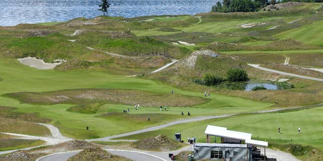 FILE - In this May 20, 2014, file photo, the Chambers Bay Golf Course, including the signature lone tree, is seen from the clubhouse in University Place, Wash. The U.S. Open comes to Chambers Bay in seven weeks, the first time the major is played in the Pacific Northwest. (AP Photo/Ted S. Warren, File)