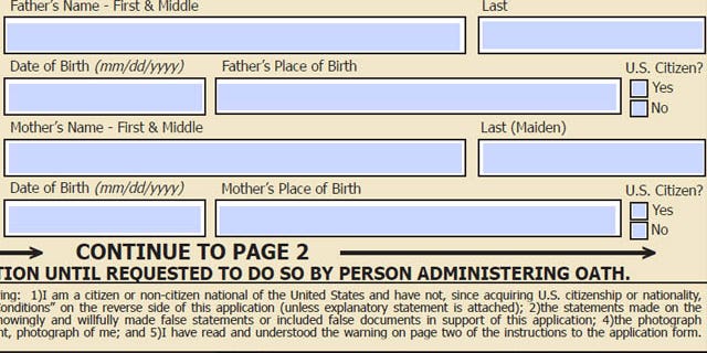 Section of current passport application asking for "father" and "mother" information.