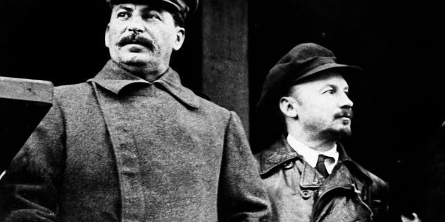 Russian dictator Josef Stalin, left, with Soviet politician Nikolai Bukharin, Nov. 21, 1930.