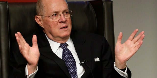 Supreme Court Justice Anthony Kennedy speaks to faculty members at the University of Pennsylvania law school, Thursday, Oct. 3, 2013, in Philadelphia. Kennedy is teaching this week at the University of Pennsylvania law school.(AP Photo/Matt Slocum)
