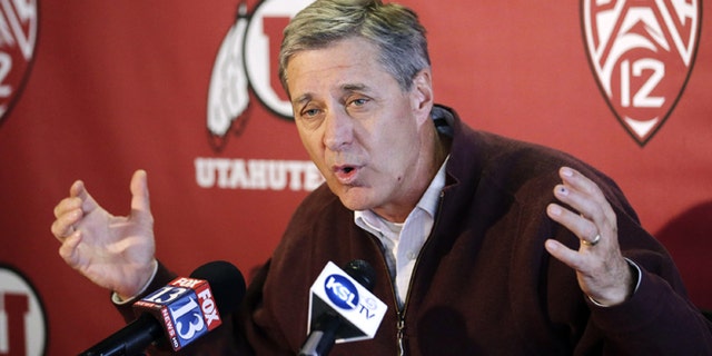 Utah athletic director Chris Hill announces the suspension of swim coach Greg Winslow during a college news conference, Thursday, Feb. 28, 2013, in Salt Lake City. The suspension comes amidst allegations that Winslow sexually abused an teenage female swimmer he coached in Arizona six years ago. (AP Photo/Rick Bowmer)
