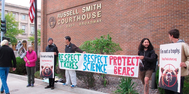 A small group of grizzly bear advocates protest outside the U.S. District Court in Missoula, Montana, on Thursday, August 30, 2018. Wildlife advocates pressed a Montana judge Thursday to restore federal protections for a group of about 700 grizzly bears and block hunting that's set to begin this weekend, but the judge said he would not make an immediate ruling.