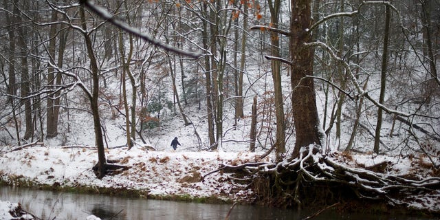 A pedestrian walks through snow in the Valley Forge National Park in Valley Forge, Pennsylvania on December 9, 2013. REUTERS/Mark Makela (UNITED STATES - Tags: ENVIRONMENT) - RTX16BIT