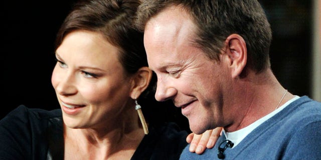 Jan 13. 2014: Kiefer Sutherland (R), executive producer and actor, speaks on the return of "24: Live Another Day" with actress Mary Lynn Rajskub during Fox Broadcasting Company's part of the Television Critics Association (TCA) Winter 2014 presentations in Pasadena, California (Reuters)