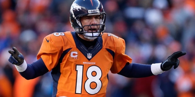 FILE - In this Jan. 12, 2014 file photo, Denver Broncos quarterback Peyton Manning calls an audible at the line of scrimmage against the San Diego Chargers in the second quarter of an NFL divisional playoff football game in Denver. Folks who watched the Broncos' NFL playoff win over the San Diego Chargers on television Sunday couldn't help but notice how often, and loudly, Manning used the code word "Omaha" as he barked signals. Greater Omaha Chamber of Commerce president and CEO David Brown said he wants to explore the possibility of hiring Manning, one of the sporting world's top pitchmen, to shoot a promotional ad for Omaha. (AP Photo/Charlie Riedel, File)