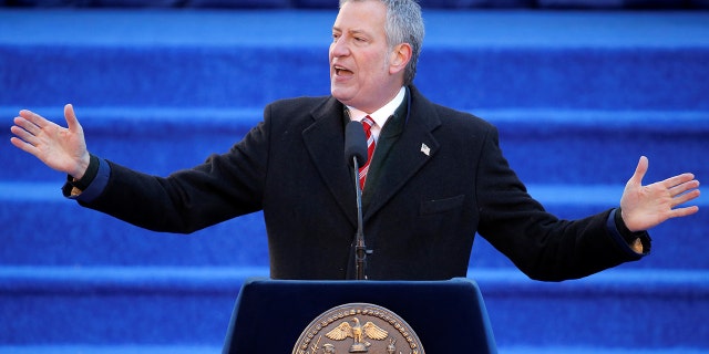 New York City Mayor Bill de Blasio delivering a speech.