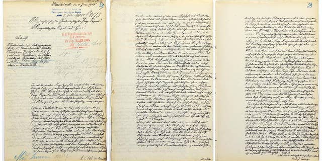 The reproductions provided by Landesarchiv Speyer show a letter by the grandfather of U.S. President-elect Donald Trump. The handwritten letter has been found in a German archive in which Donald Trump's grandfather unsuccessfully fought his expulsion from the country for failing to perform mandatory military service. (Landesarchiv Speyer via AP)