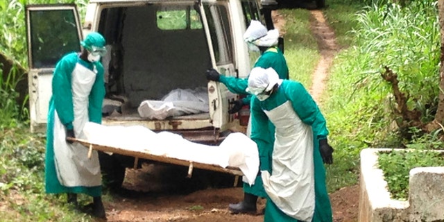 Health workers carry the body of an Ebola virus victim in Kenema, Sierra Leone, June 25, 2014. Picture taken June 25, 2014. REUTERS/Umaru Fofana