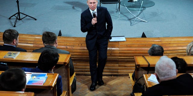 Feb. 7, 2012: Russian Prime Minister and presidential candidate Vladimir Putin addresses election activists in Moscow.
