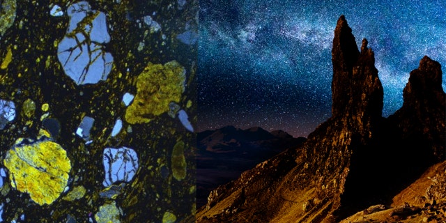 Thin section view of meteoritic ejecta deposit (Credit: Simon Drake), file photo of the Old Man of Storr, Skye, Scotland, at night (Peter Burnett/iStock)
