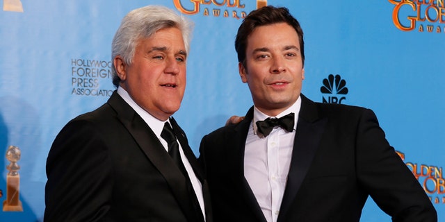 Jay Leno with NBC talk show host, Jimmy Fallon.